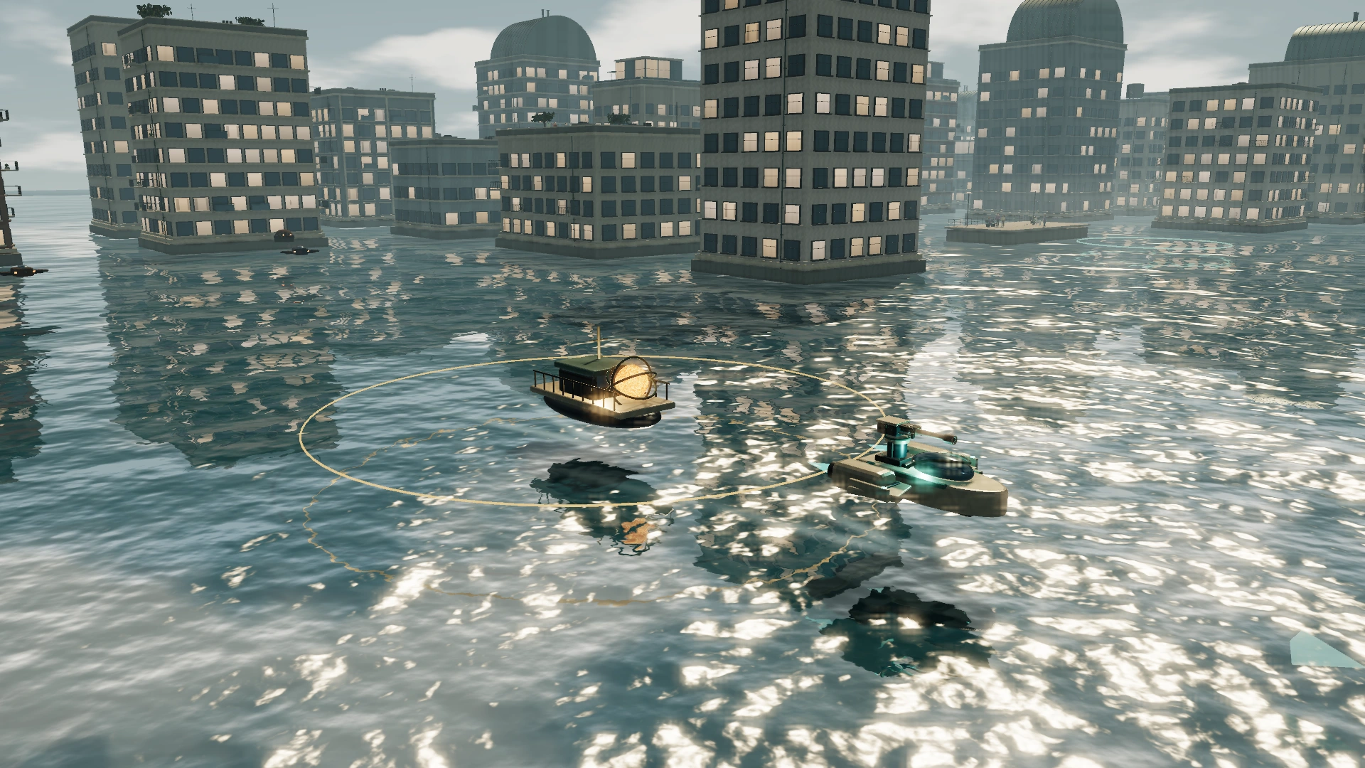 Sunjack game rendering with hovercraft, reflected sunlight and waterfront buildings